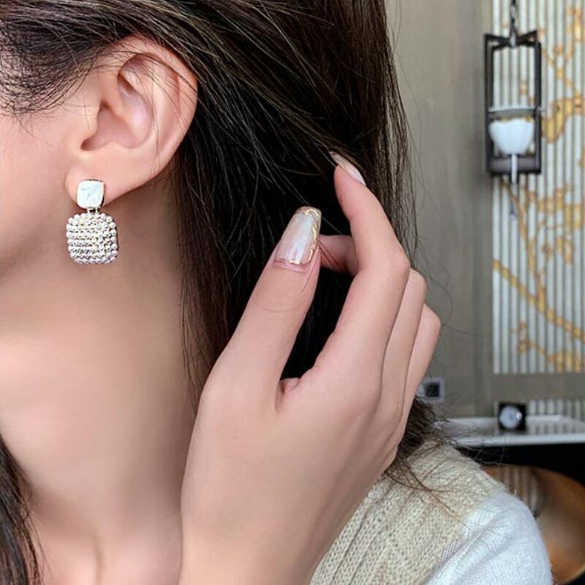 Square Pearl Gold Drop Earring For Women Bulk Secondary image