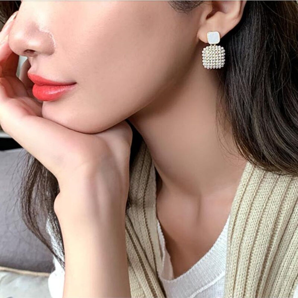 Square Pearl Gold Drop Earring For Women Bulk