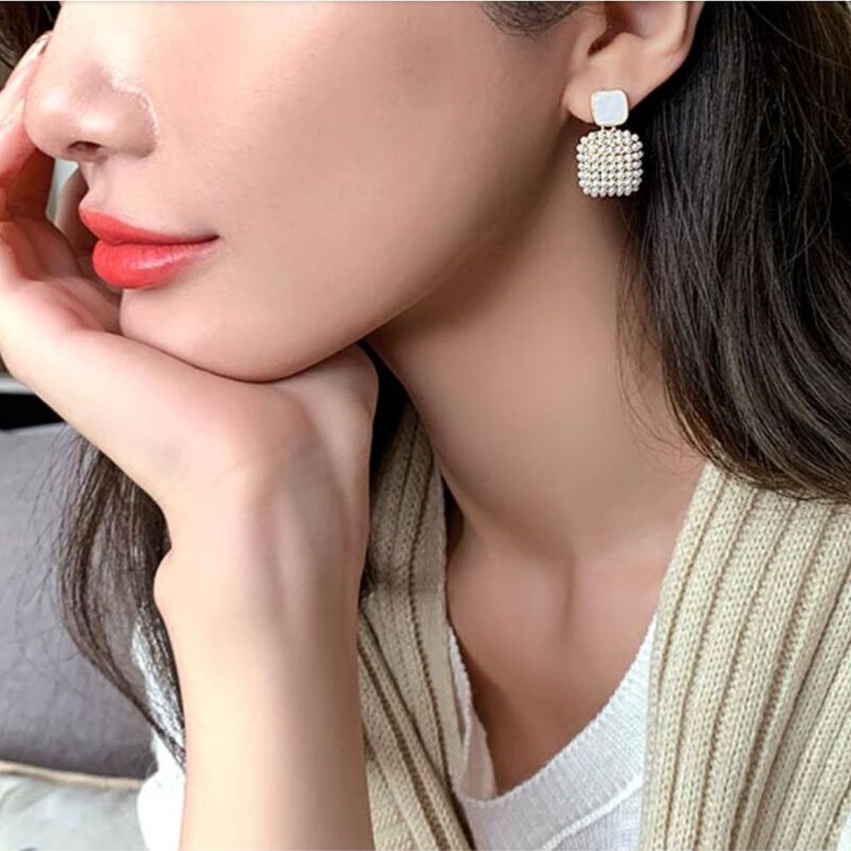 Square Pearl Gold Drop Earring For Women Bulk