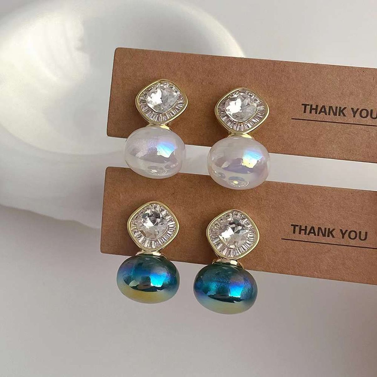 Peacock Blue Button Pearl CZ Gold Anti Tarnish Stud Drop Earring Bulk