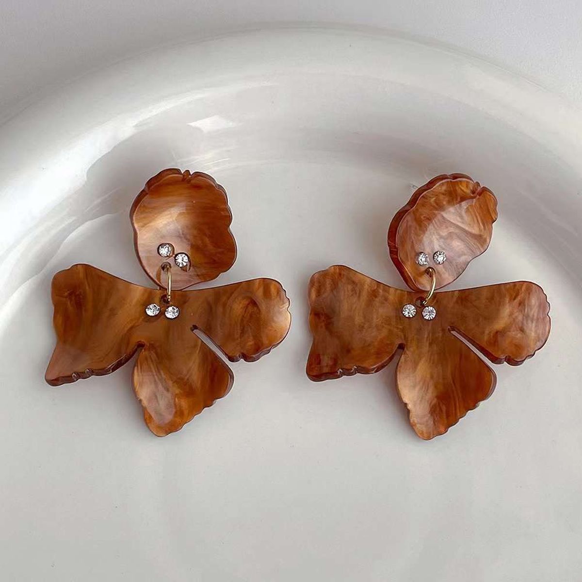 Four Petal Wood Finish Flower CZ Gold Anti Tarnish Stud Earring Bulk