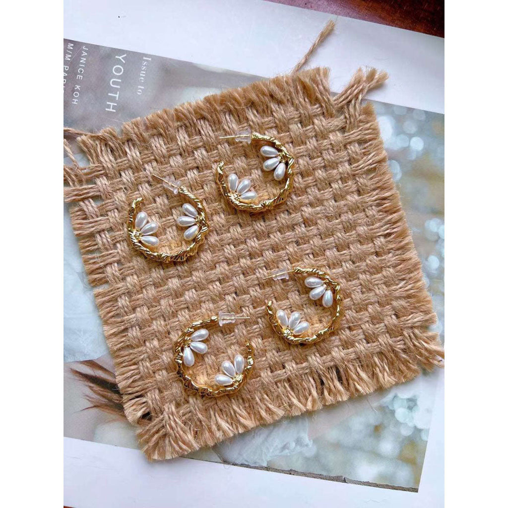 Three Pearl Crescent 18K Gold Anti Tarnish Hoop Earring for Women