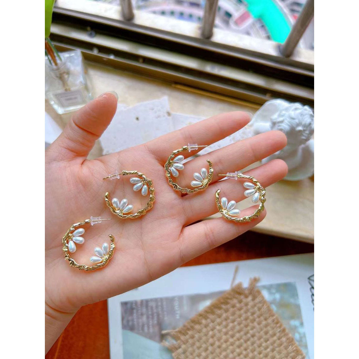 Three Pearl Crescent 18K Gold Anti Tarnish Hoop Earring for Women
