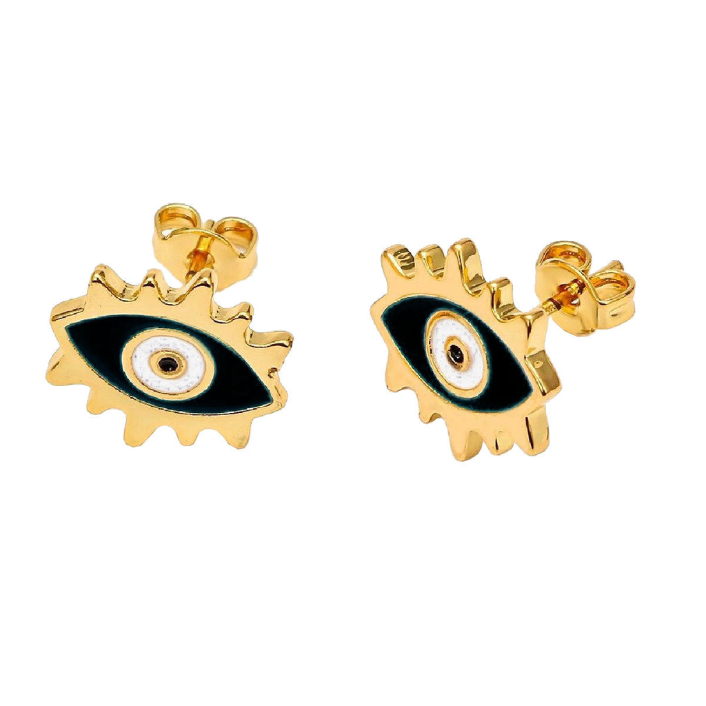 Oval Evil Eye Eyelash Blue Gold Copper Enamel Stud Earring Pair Bulk