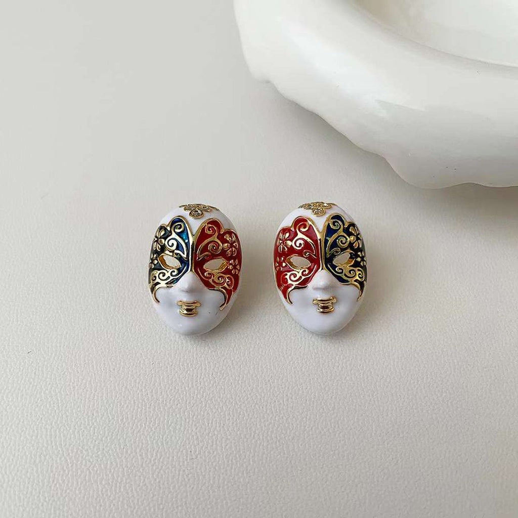 Venetian Face Mask Enamel Multi Gold Anti Tarnish Stud Earring Bulk