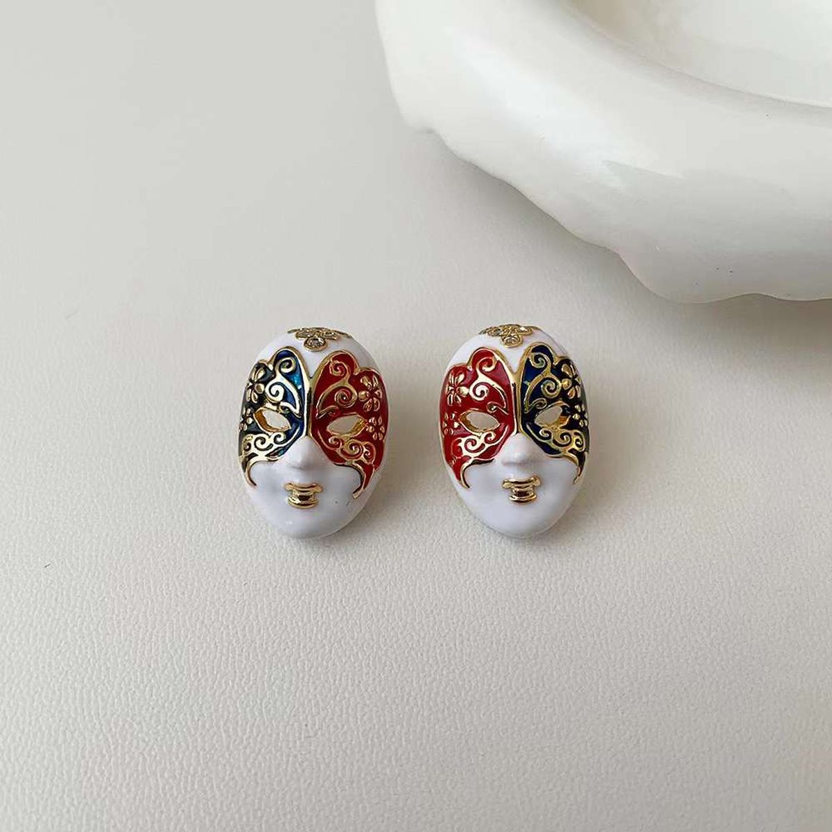 Venetian Face Mask Enamel Multi Gold Anti Tarnish Stud Earring Bulk