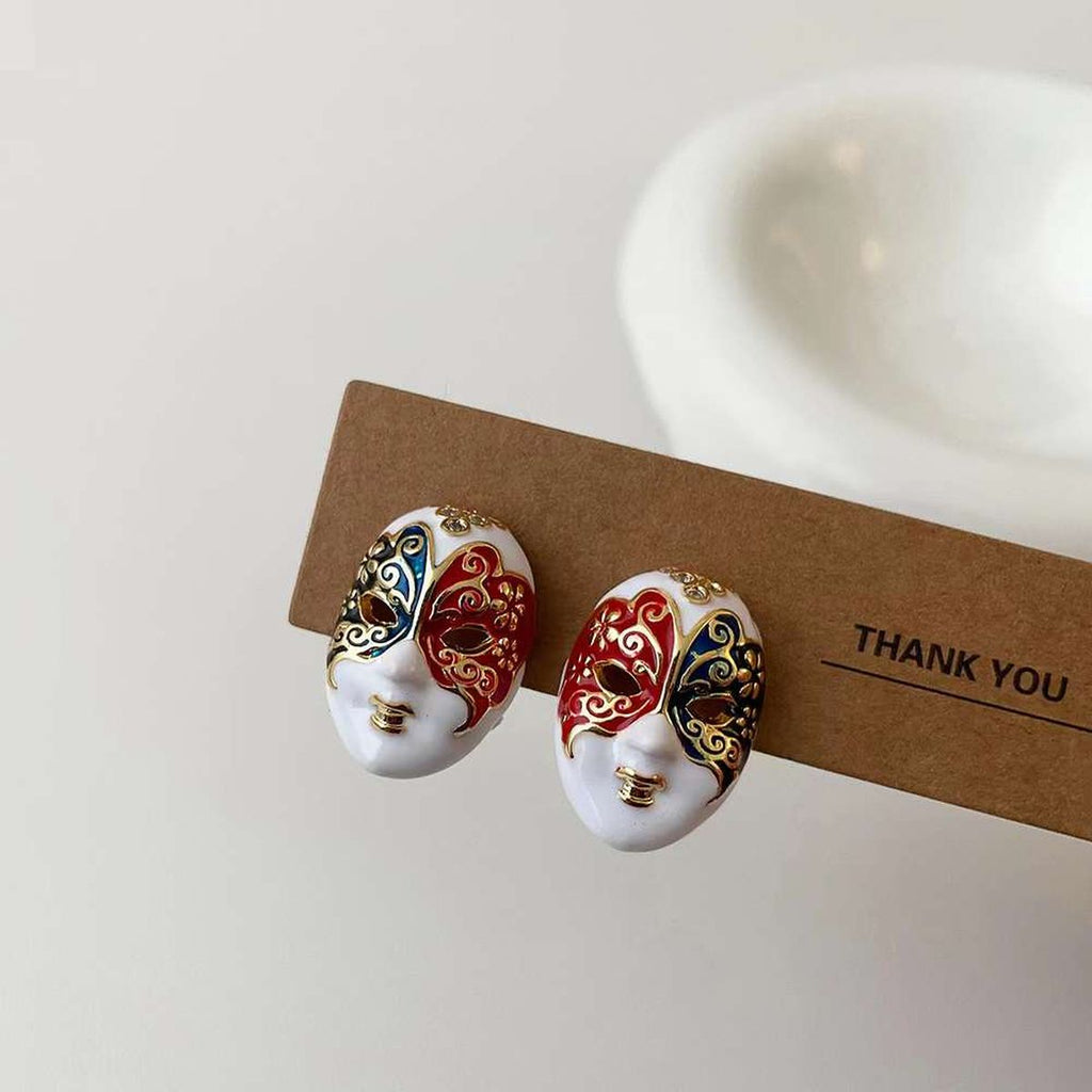 Venetian Face Mask Enamel Multi Gold Anti Tarnish Stud Earring Bulk