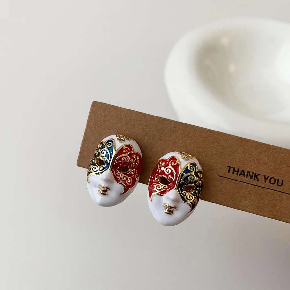 Venetian Face Mask Enamel Multi Gold Anti Tarnish Stud Earring Bulk