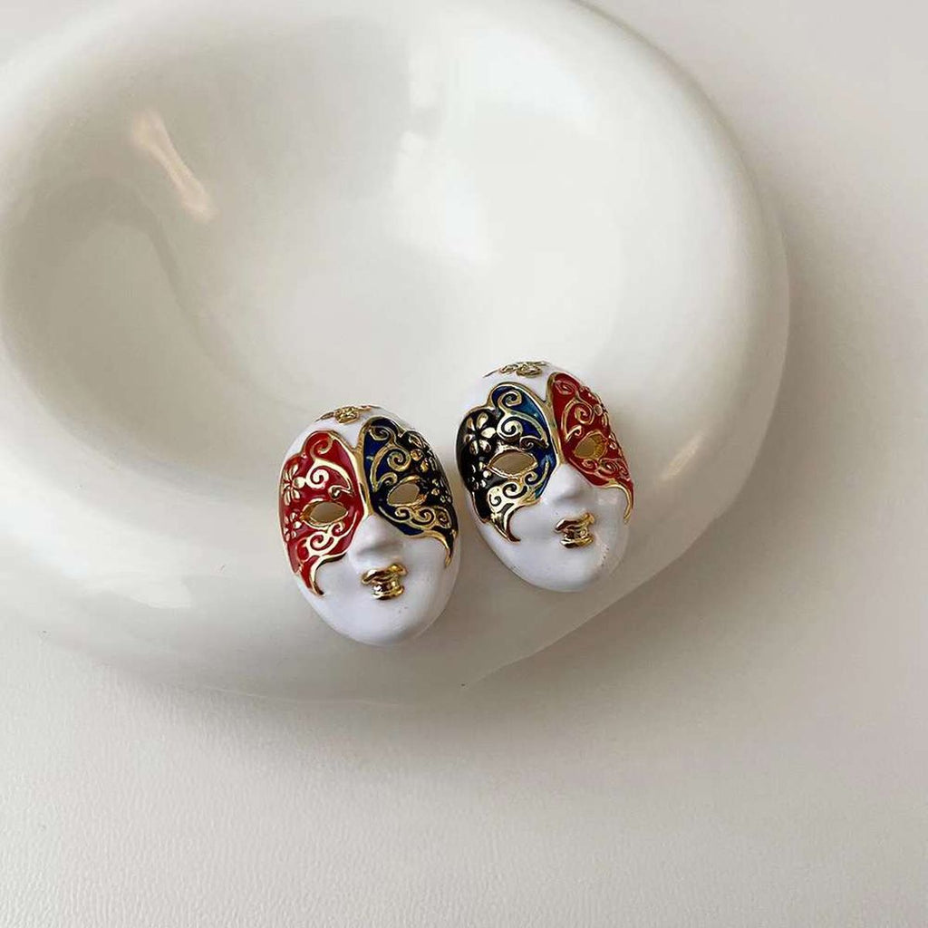Venetian Face Mask Enamel Multi Gold Anti Tarnish Stud Earring Bulk