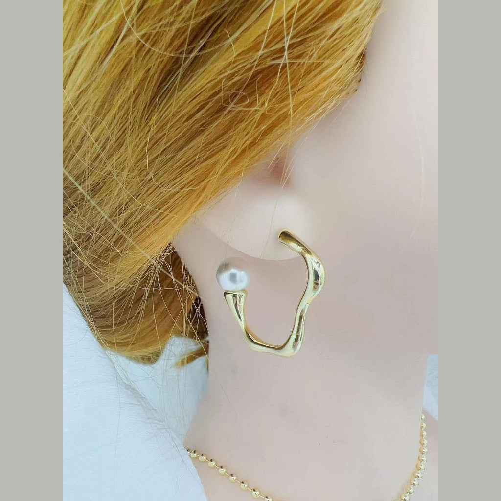 Dented Pearl White 18K Gold Anti Tarnish Hoop Earring Pair Women Bulk