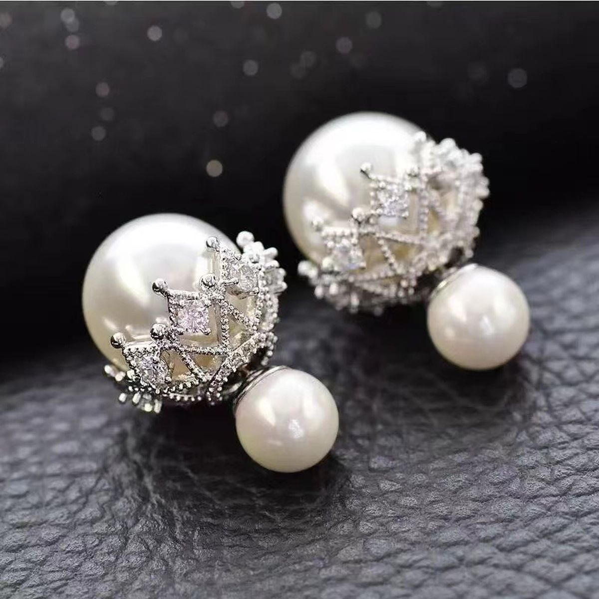 Double Side Pearl Cubic Zirconia Anti Tarnish Silver Stud Earring Bulk Main image