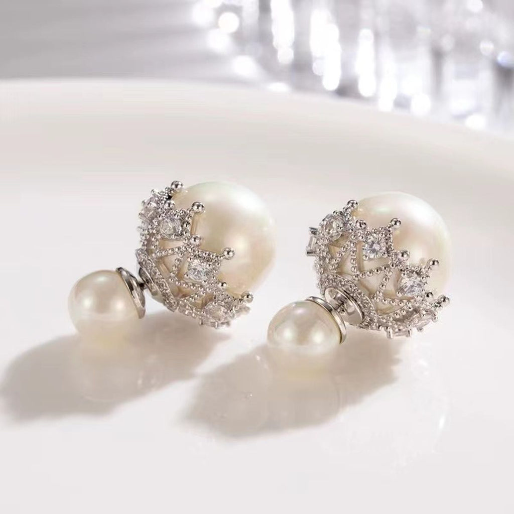 Double Side Pearl Cubic Zirconia Anti Tarnish Silver Stud Earring Bulk
