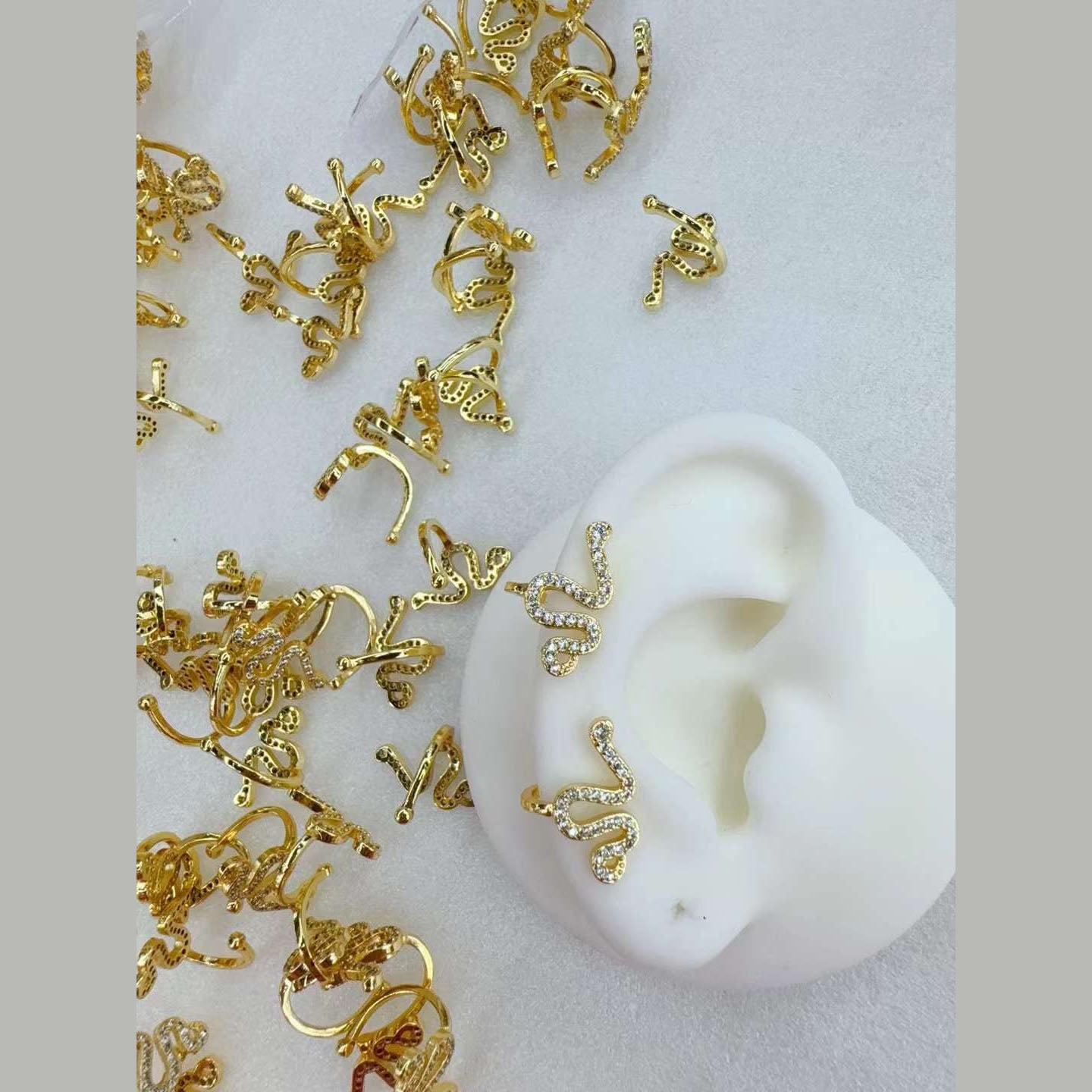 Snake Cubic Zirconia 18K Gold Anti Tarnish Stud Clip-On Ear Cuff Conch Earring Pair For Women Main image