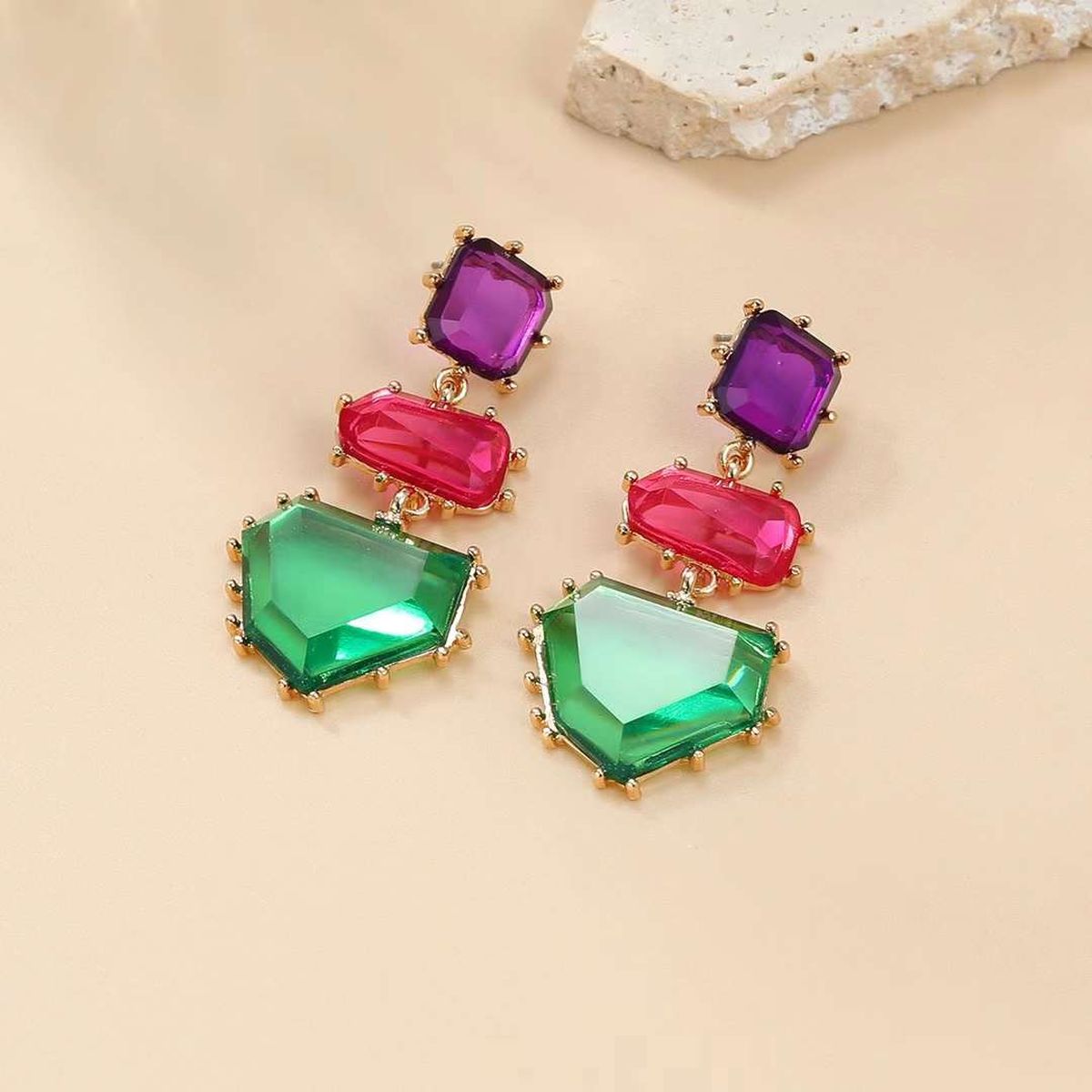 Geometric Green Pink Purple Cubic Zirconia 18K Gold Copper Anti Tarnish Dangler Earring Pair For Women Main image