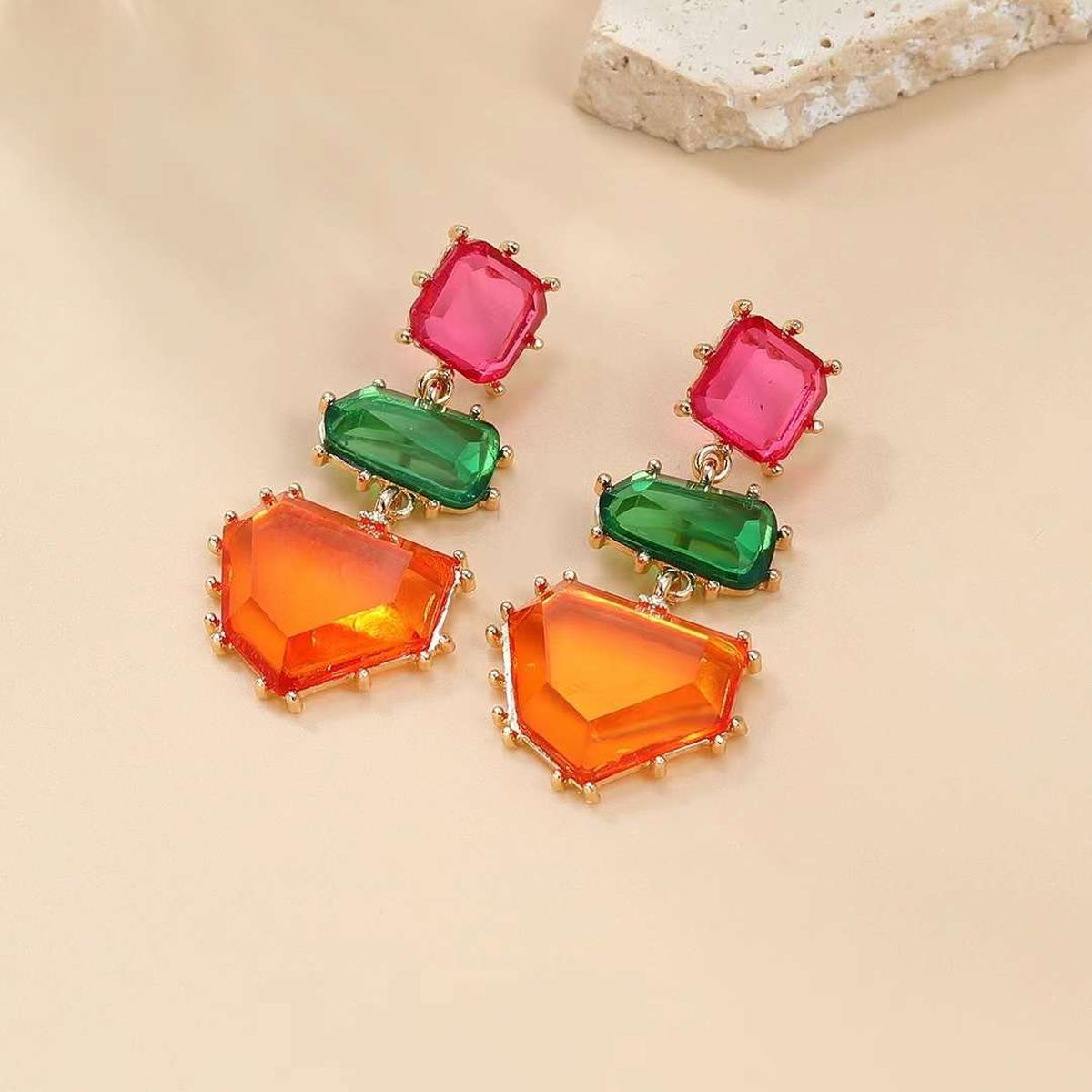 Geometric Green Pink Purple Cubic Zirconia 18K Gold Copper Anti Tarnish Dangler Earring Pair For Women