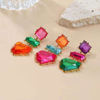 Geometric Green Pink Purple Cubic Zirconia 18K Gold Copper Anti Tarnish Dangler Earring Pair For Women