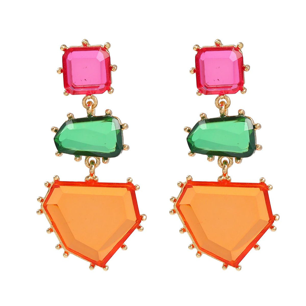 Geometric Green Pink Purple Cubic Zirconia 18K Gold Copper Anti Tarnish Dangler Earring Pair For Women