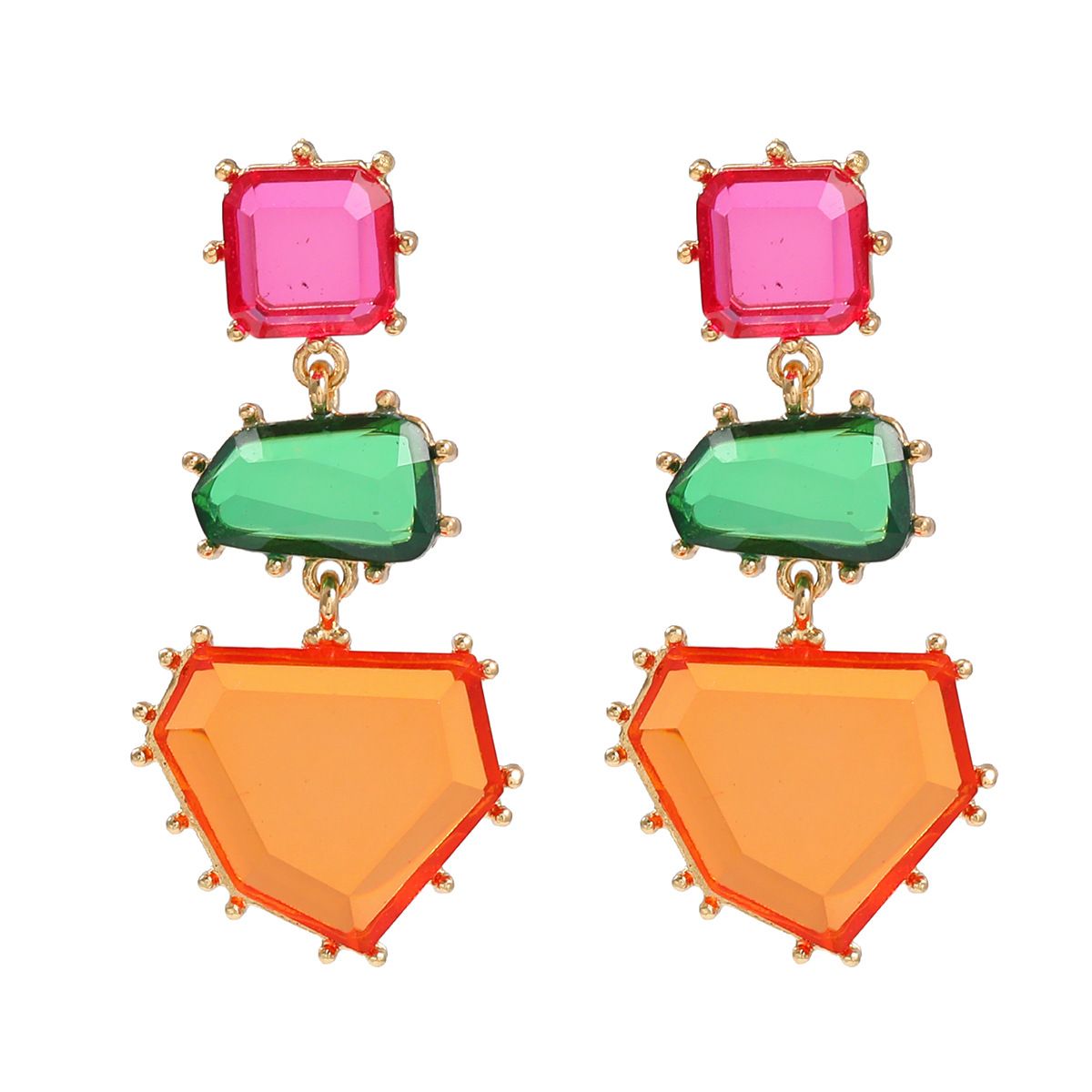 Geometric Green Pink Purple Cubic Zirconia 18K Gold Copper Anti Tarnish Dangler Earring Pair For Women