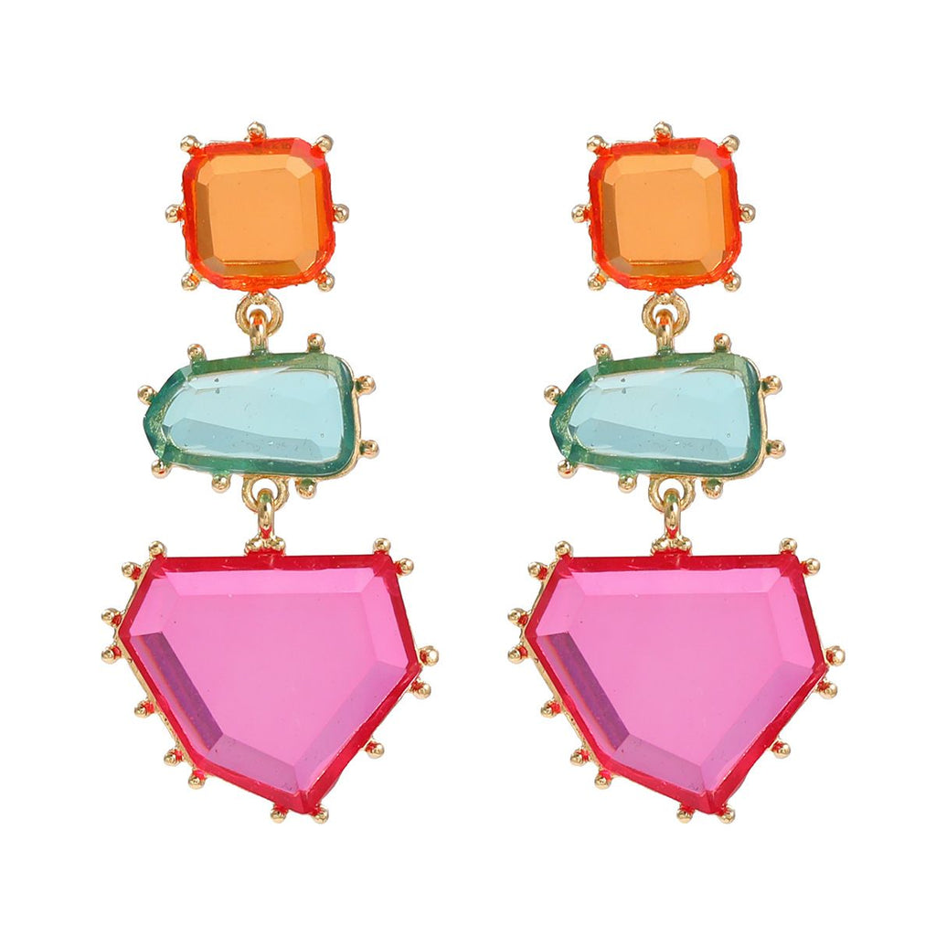 Geometric Green Pink Purple Cubic Zirconia 18K Gold Copper Anti Tarnish Dangler Earring Pair For Women