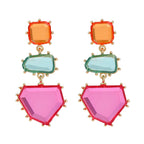 Geometric Green Pink Purple Cubic Zirconia 18K Gold Copper Anti Tarnish Dangler Earring Pair For Women