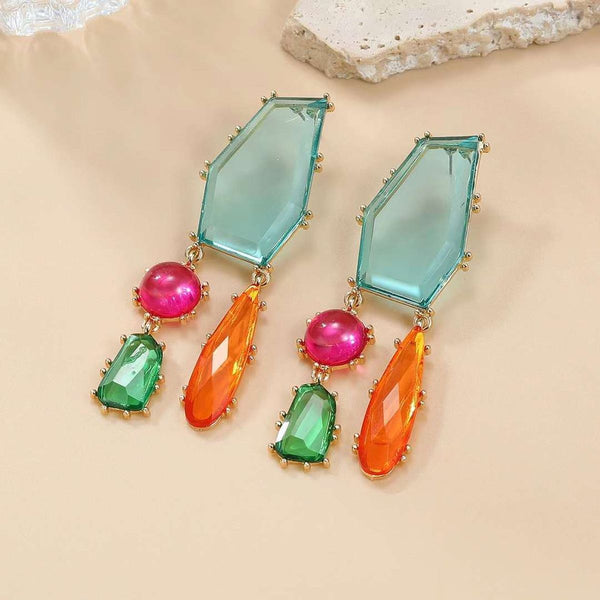 Geometric Blue Multi CZ Gold Anti Tarnish Dangler Earring Pair Bulk Main image