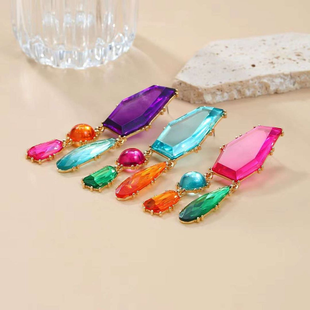 Geometric Blue Multi CZ Gold Anti Tarnish Dangler Earring Pair Bulk