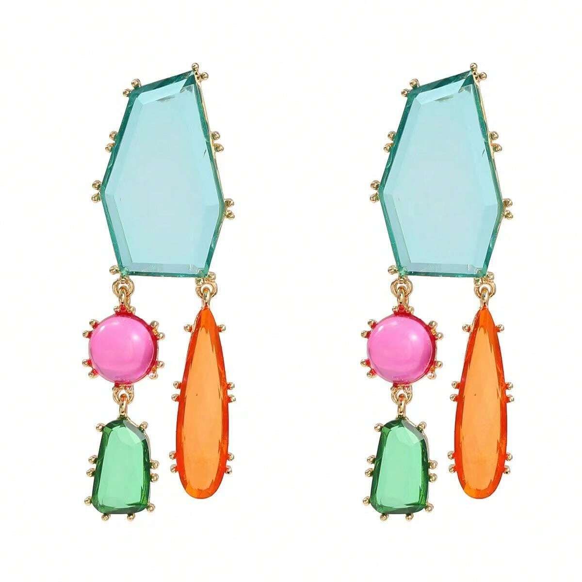 Geometric Blue Multi CZ Gold Anti Tarnish Dangler Earring Pair Bulk