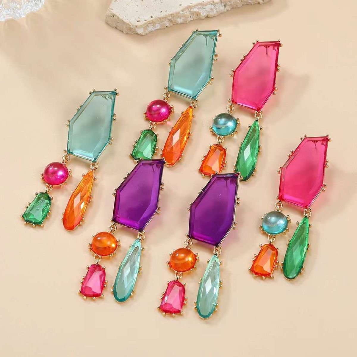 Geometric Blue Multi CZ Gold Anti Tarnish Dangler Earring Pair Bulk
