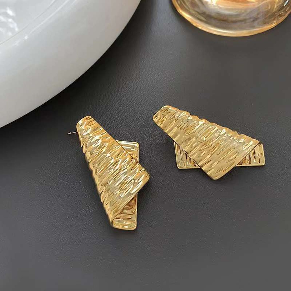 Dented Fold 18K Gold Copper Anti Tarnish Dangler Earring Pair Bulk Secondary image