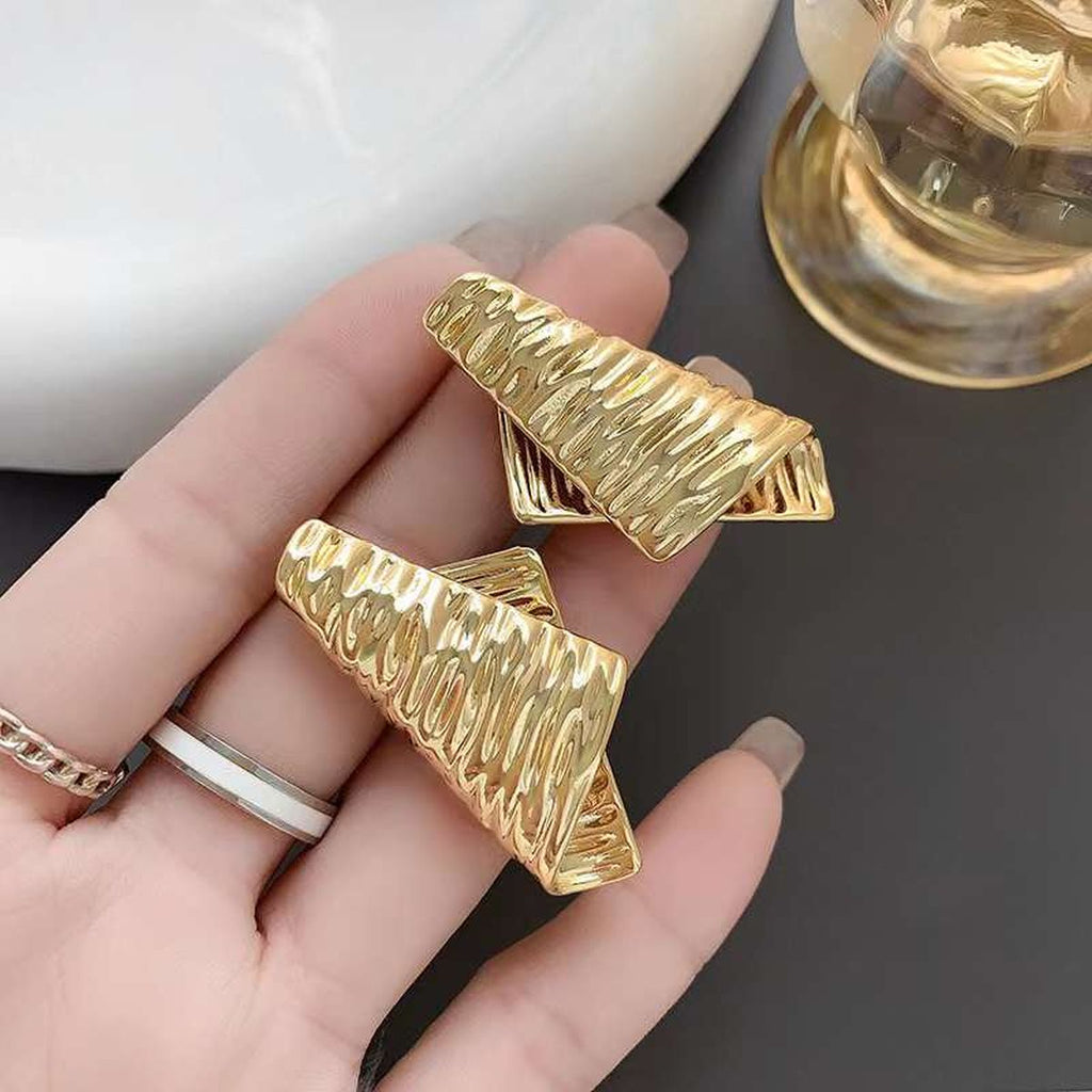 Dented Fold 18K Gold Copper Anti Tarnish Dangler Earring Pair Bulk