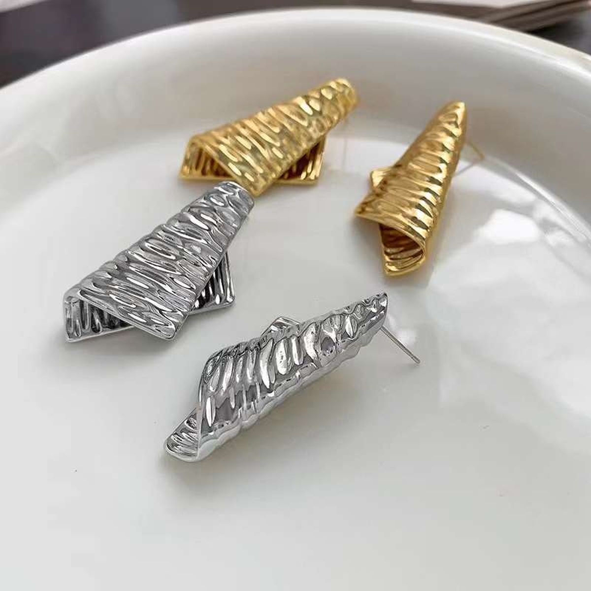 Dented Fold 18K Gold Copper Anti Tarnish Dangler Earring Pair Bulk