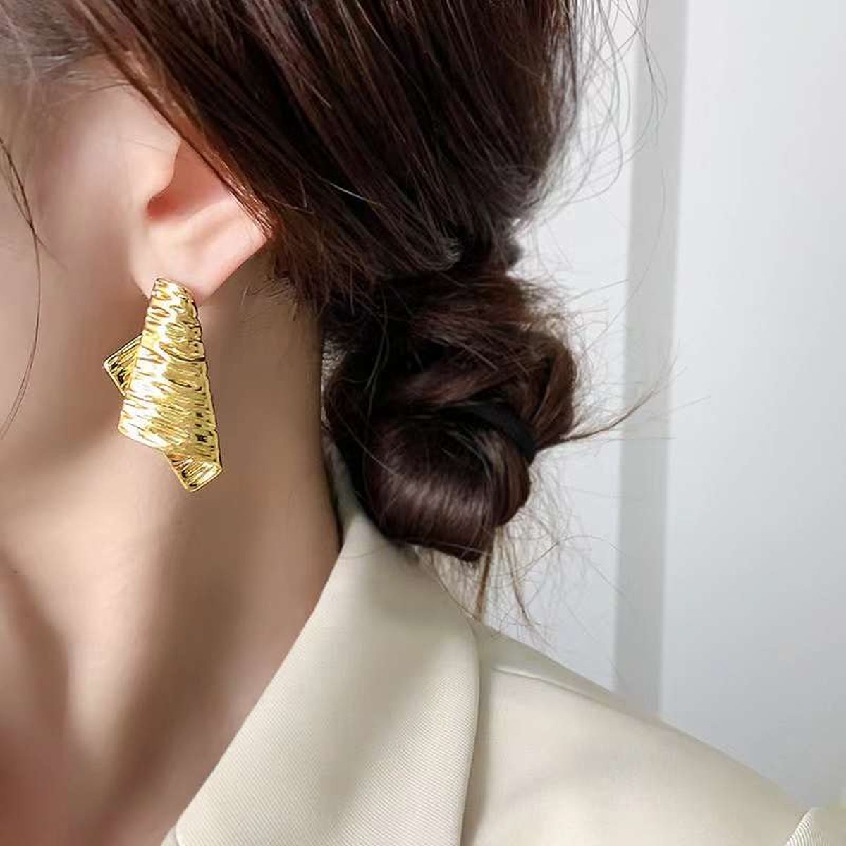 Dented Fold 18K Gold Copper Anti Tarnish Dangler Earring Pair Bulk