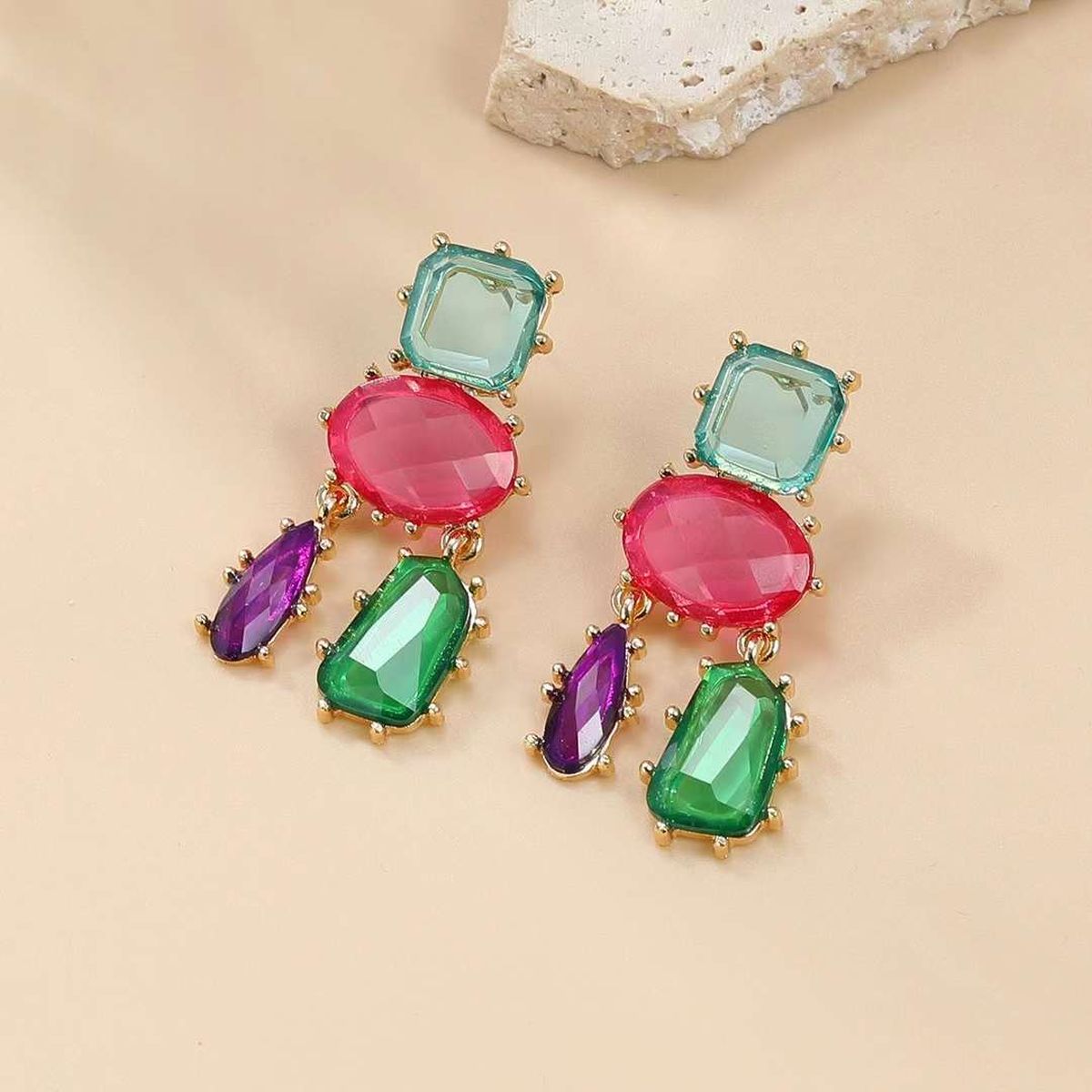 Geometric Blue Pink Multicolour Cubic Zirconia 18K Gold Copper Anti Tarnish Dangler Earring Pair For Women Main image