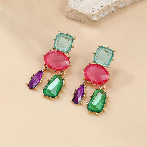 Geometric Blue Pink Multicolour Cubic Zirconia 18K Gold Copper Anti Tarnish Dangler Earring Pair For Women Main image
