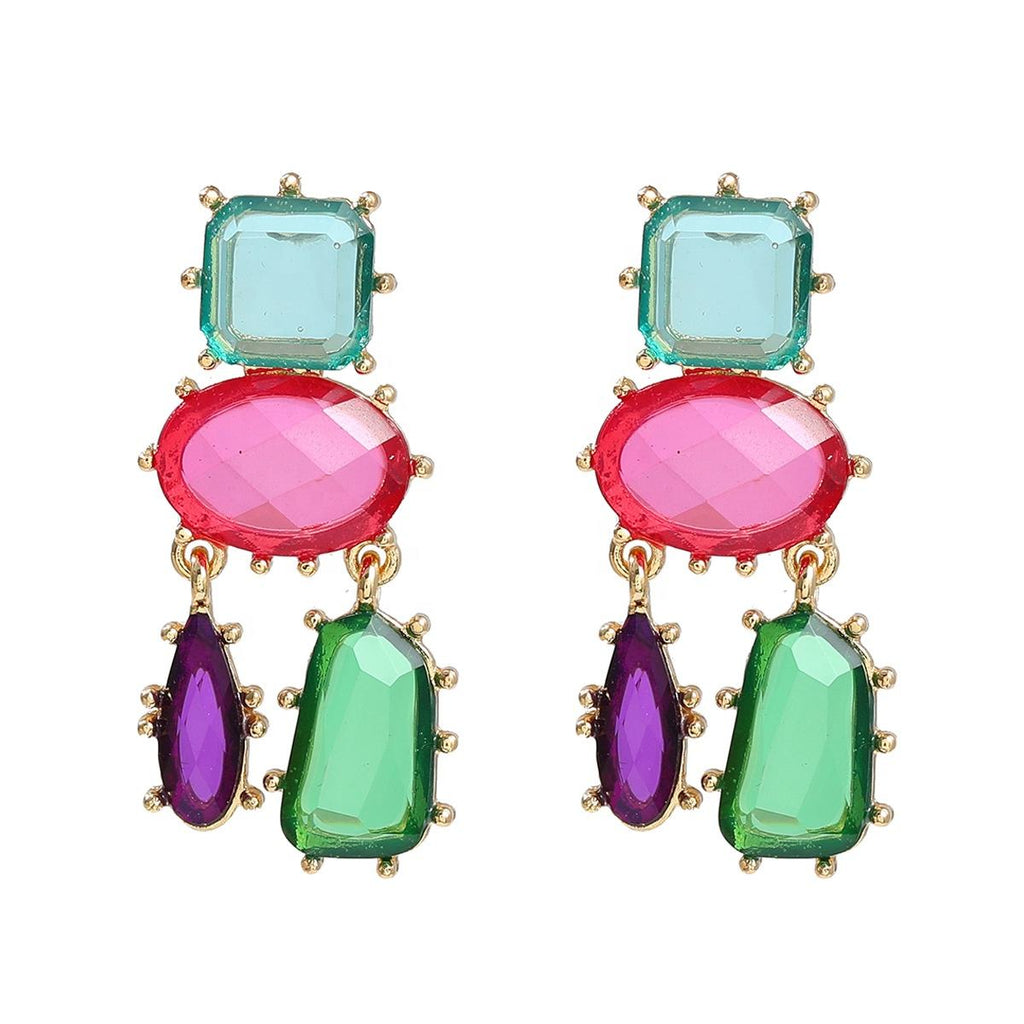 Geometric Blue Pink Multicolour Cubic Zirconia 18K Gold Copper Anti Tarnish Dangler Earring Pair For Women