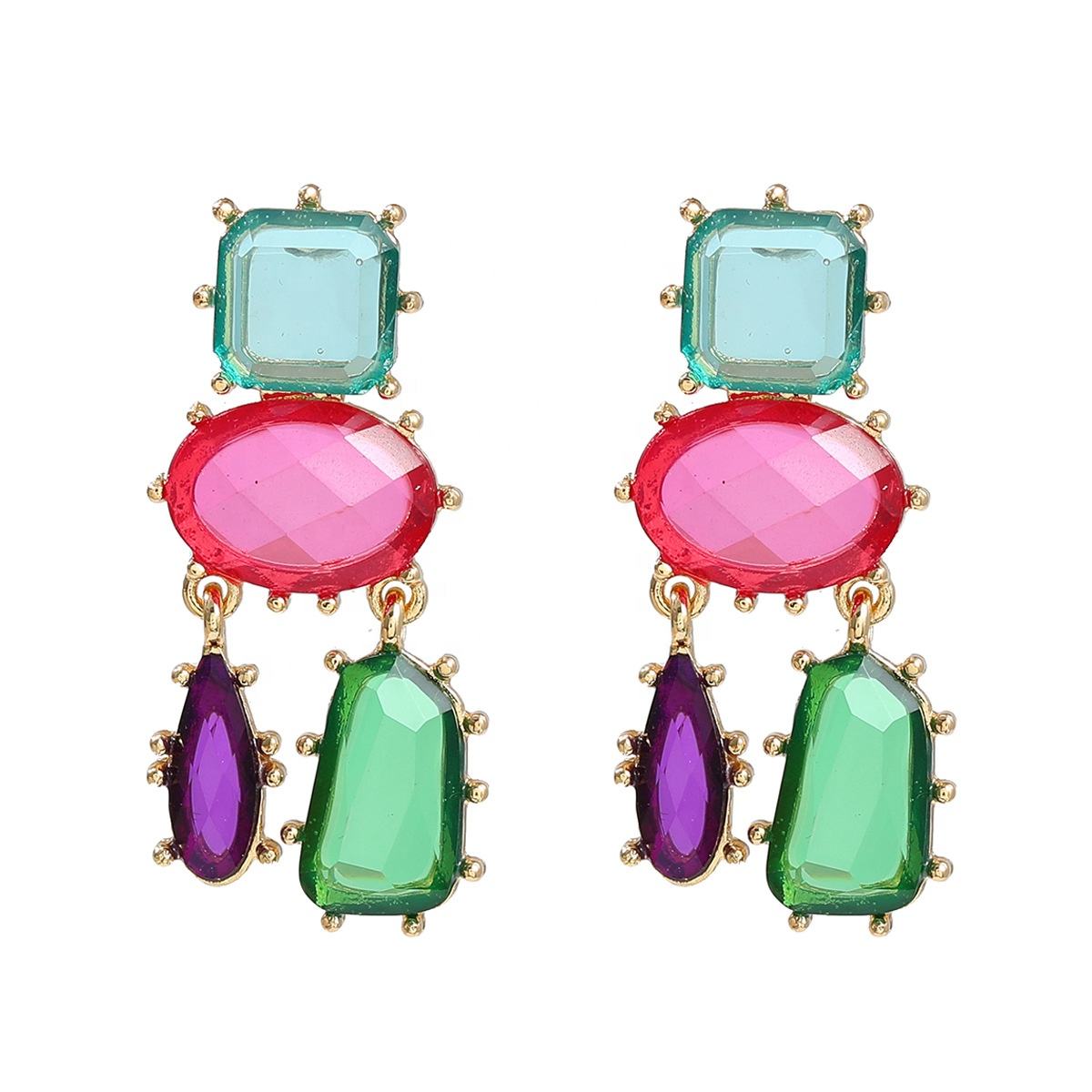 Geometric Blue Pink Multicolour Cubic Zirconia 18K Gold Copper Anti Tarnish Dangler Earring Pair For Women
