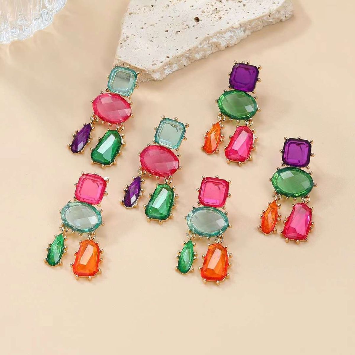 Geometric Blue Pink Multicolour Cubic Zirconia 18K Gold Copper Anti Tarnish Dangler Earring Pair For Women Secondary image