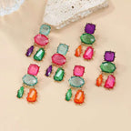 Geometric Blue Pink Multicolour Cubic Zirconia 18K Gold Copper Anti Tarnish Dangler Earring Pair For Women