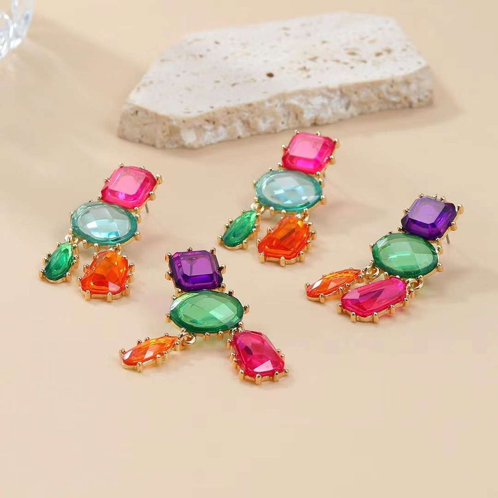 Geometric Blue Pink Multicolour Cubic Zirconia 18K Gold Copper Anti Tarnish Dangler Earring Pair For Women