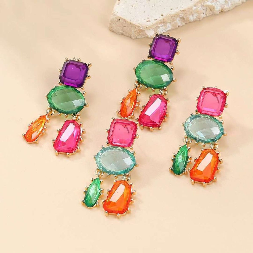 Geometric Blue Pink Multicolour Cubic Zirconia 18K Gold Copper Anti Tarnish Dangler Earring Pair For Women
