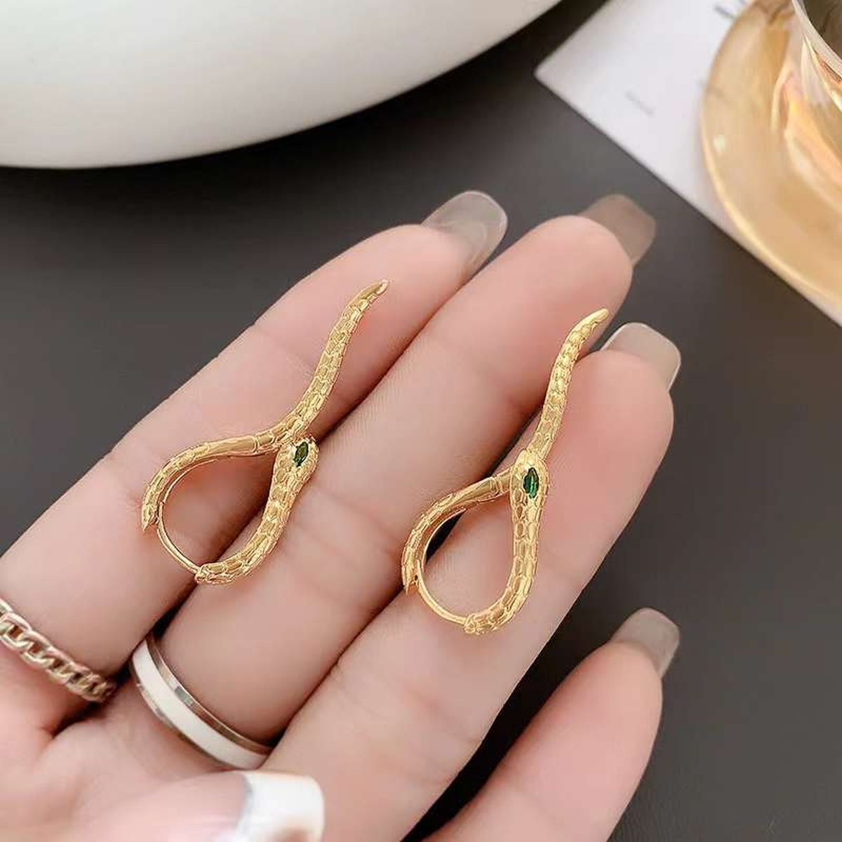 Snake Green CZ Silver Copper Anti Tarnish Hoop Drop Earring Pair Bulk