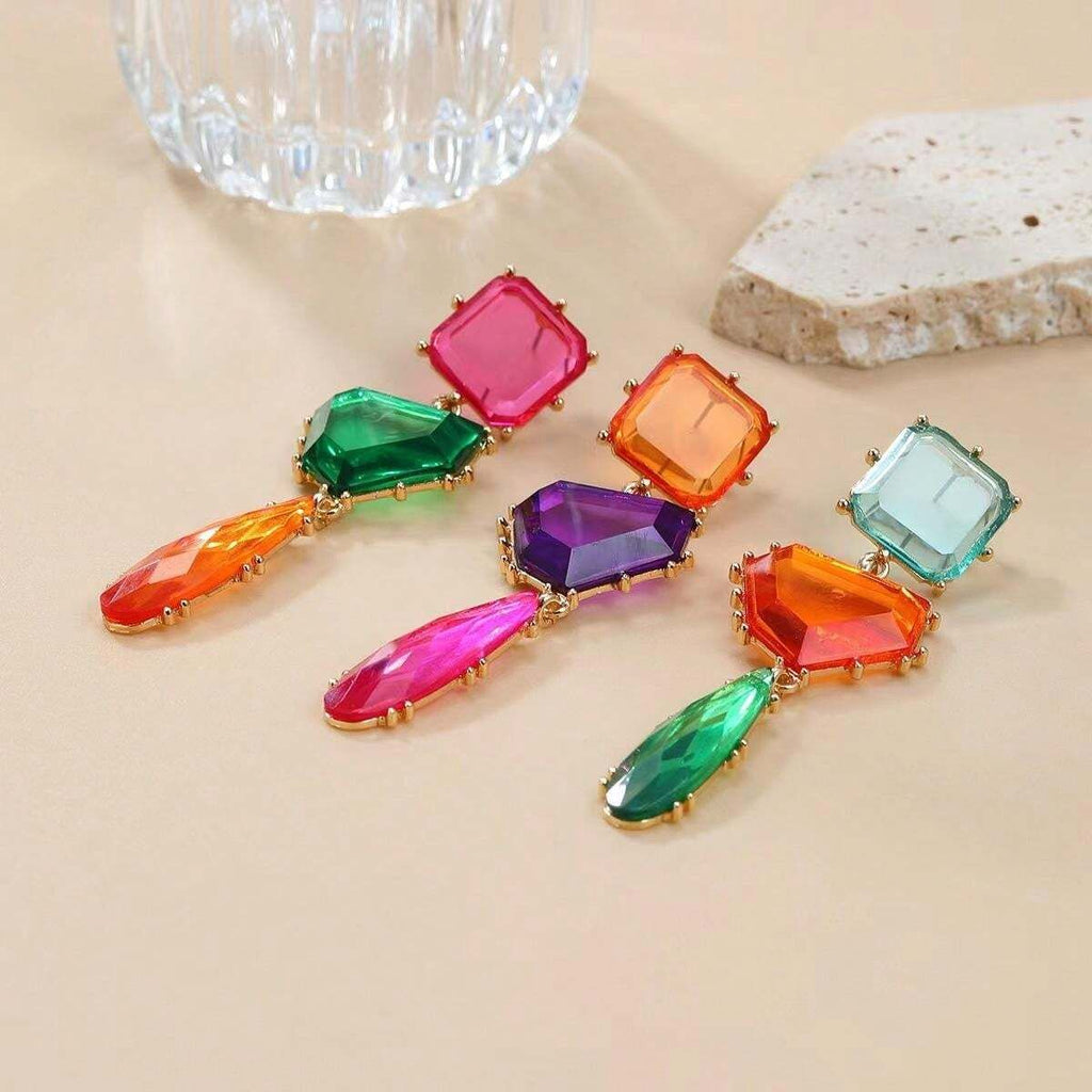 Geometric Blue Orange Green Cubic Zirconia 18K Gold Copper Anti Tarnish Dangler Earring Pair For Women