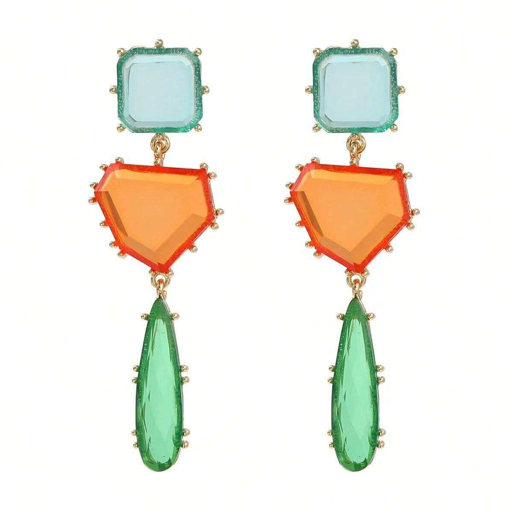 Geometric Blue Orange Green Cubic Zirconia 18K Gold Copper Anti Tarnish Dangler Earring Pair For Women