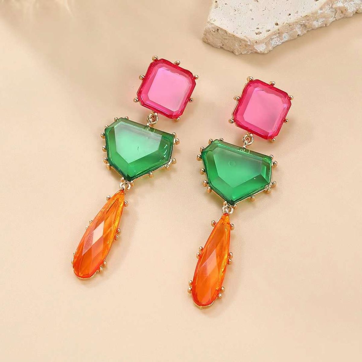 Geometric Blue Orange Green Cubic Zirconia 18K Gold Copper Anti Tarnish Dangler Earring Pair For Women Main image