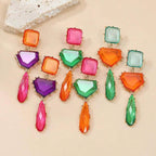 Geometric Blue Orange Green Cubic Zirconia 18K Gold Copper Anti Tarnish Dangler Earring Pair For Women
