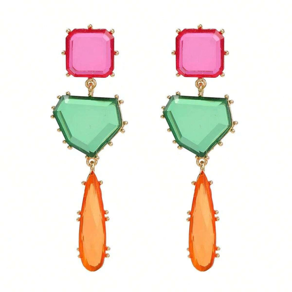 Geometric Blue Orange Green Cubic Zirconia 18K Gold Copper Anti Tarnish Dangler Earring Pair For Women