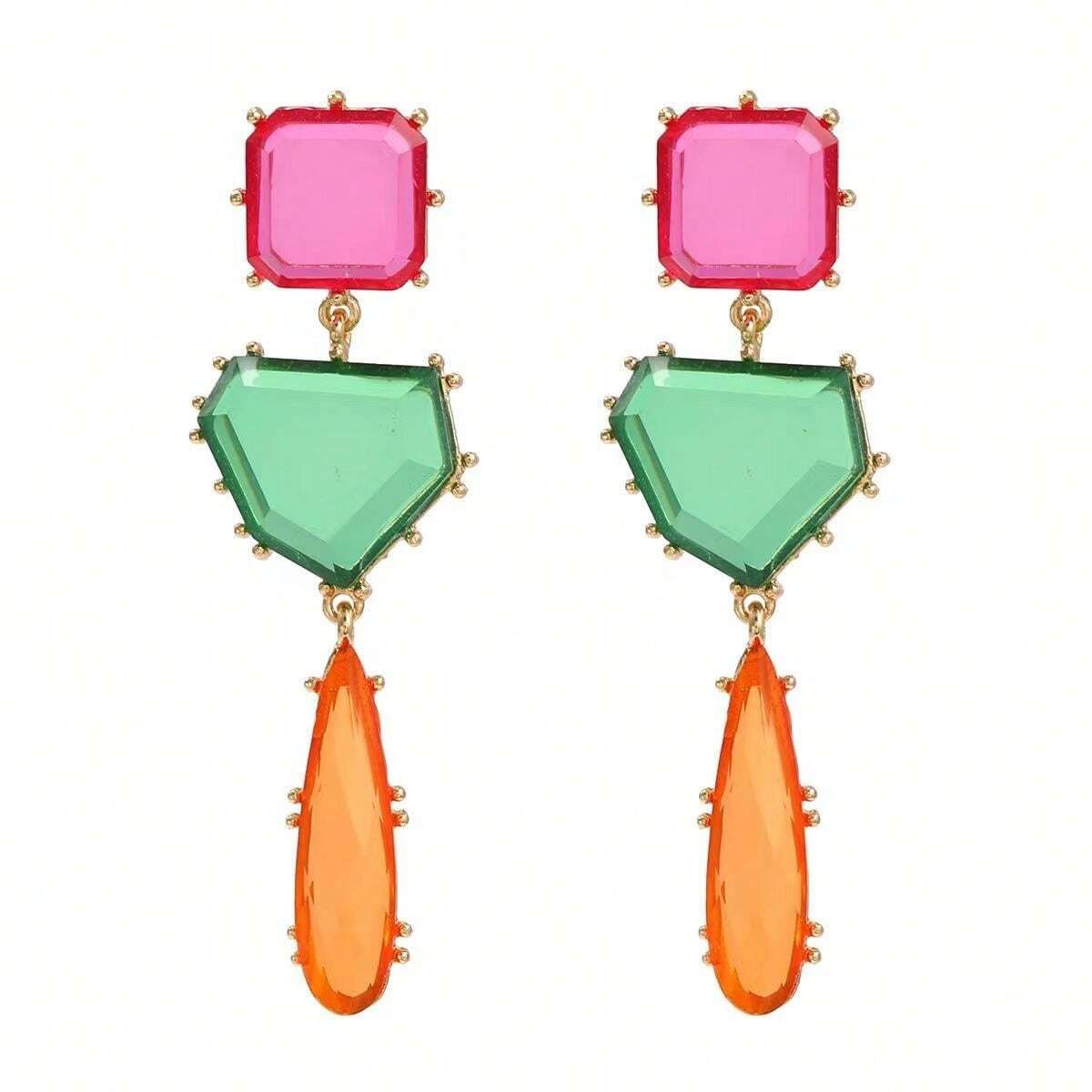 Geometric Blue Orange Green Cubic Zirconia 18K Gold Copper Anti Tarnish Dangler Earring Pair For Women