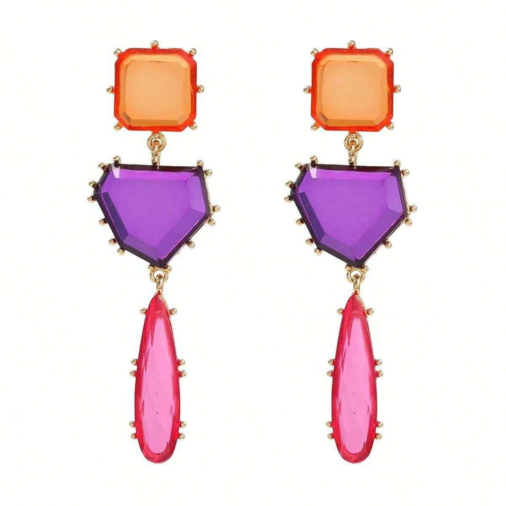 Geometric Blue Orange Green Cubic Zirconia 18K Gold Copper Anti Tarnish Dangler Earring Pair For Women