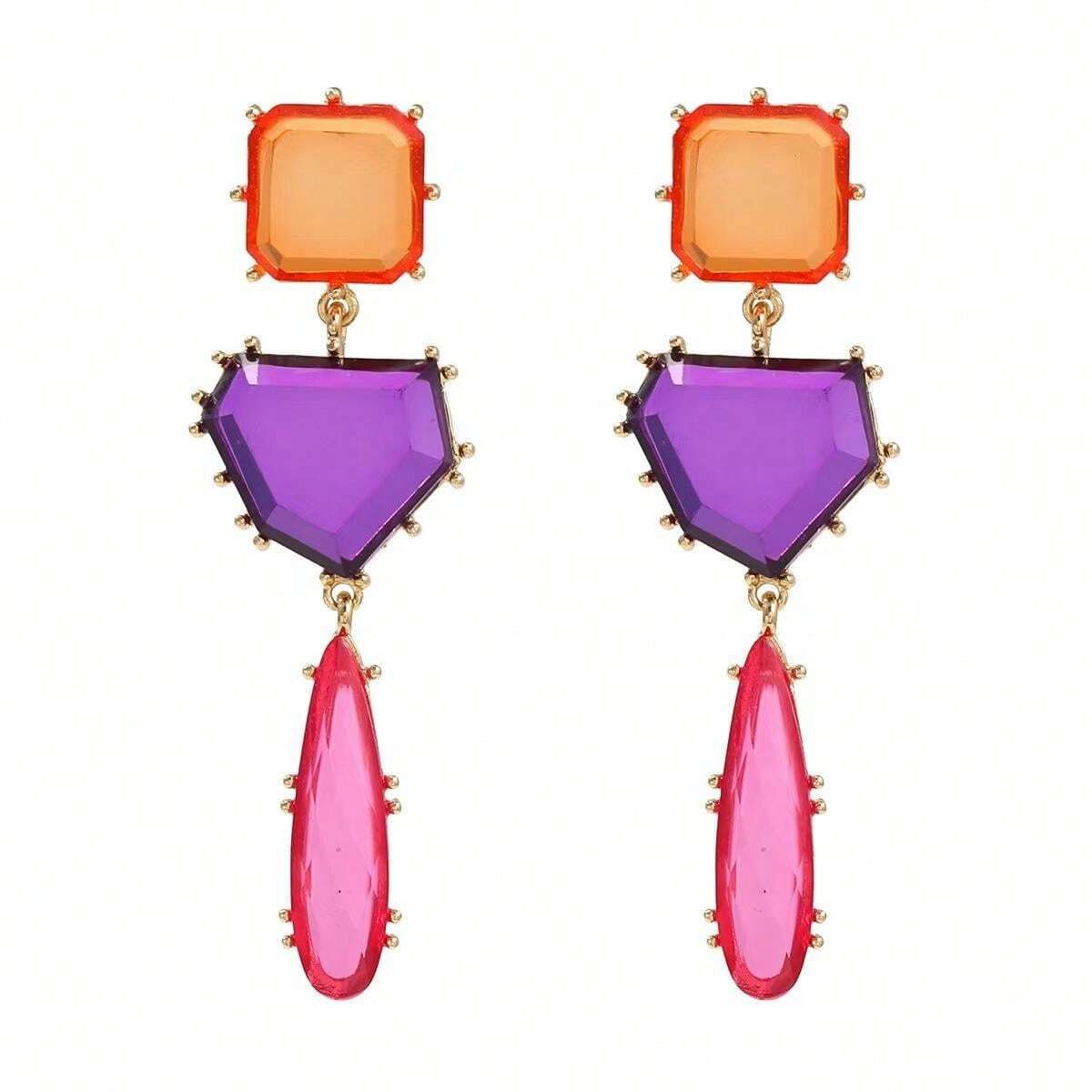 Geometric Blue Orange Green Cubic Zirconia 18K Gold Copper Anti Tarnish Dangler Earring Pair For Women