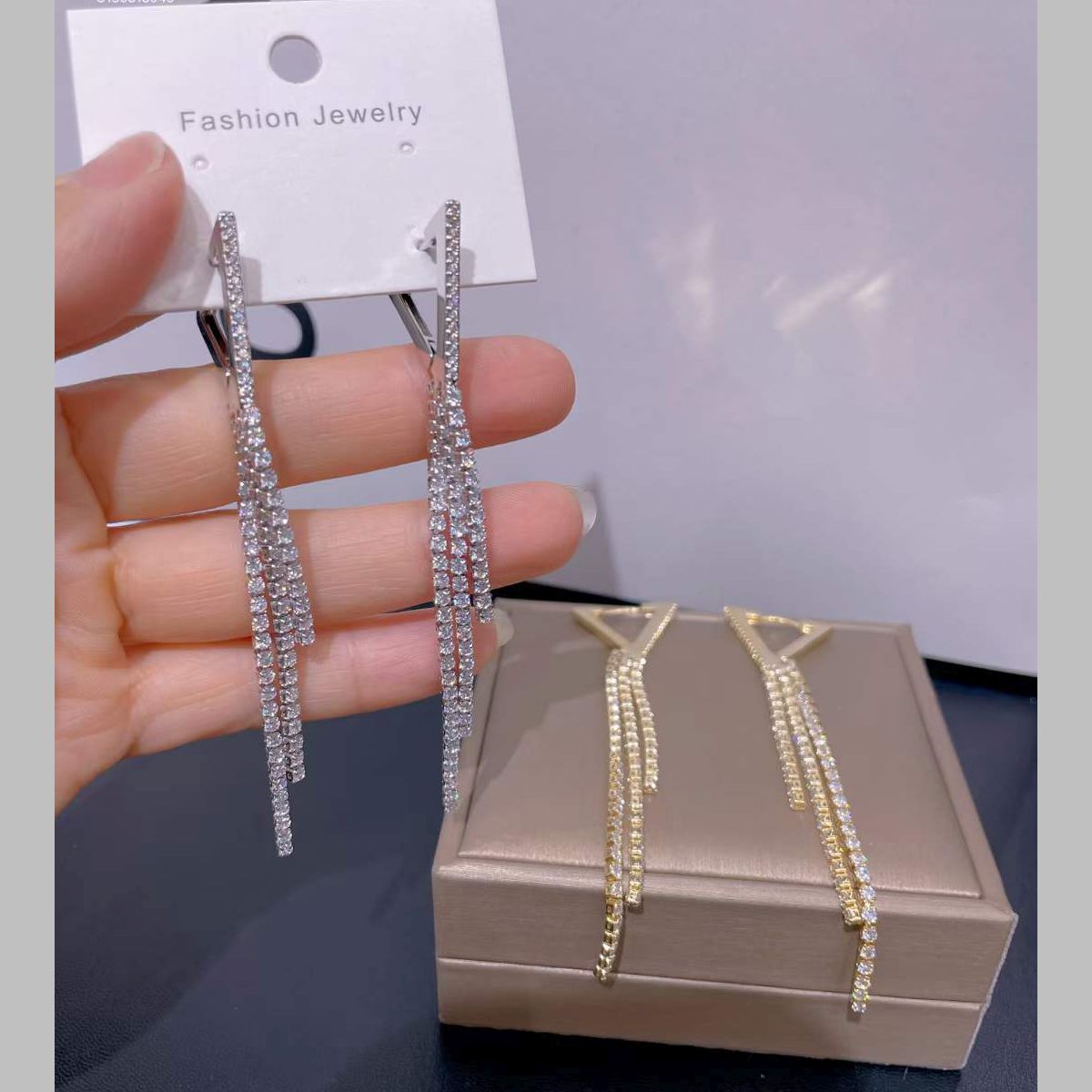 Triangle 18K Gold Cubic Zirconia Anti Tarnish Tassel Hoop Earring Bulk Main image
